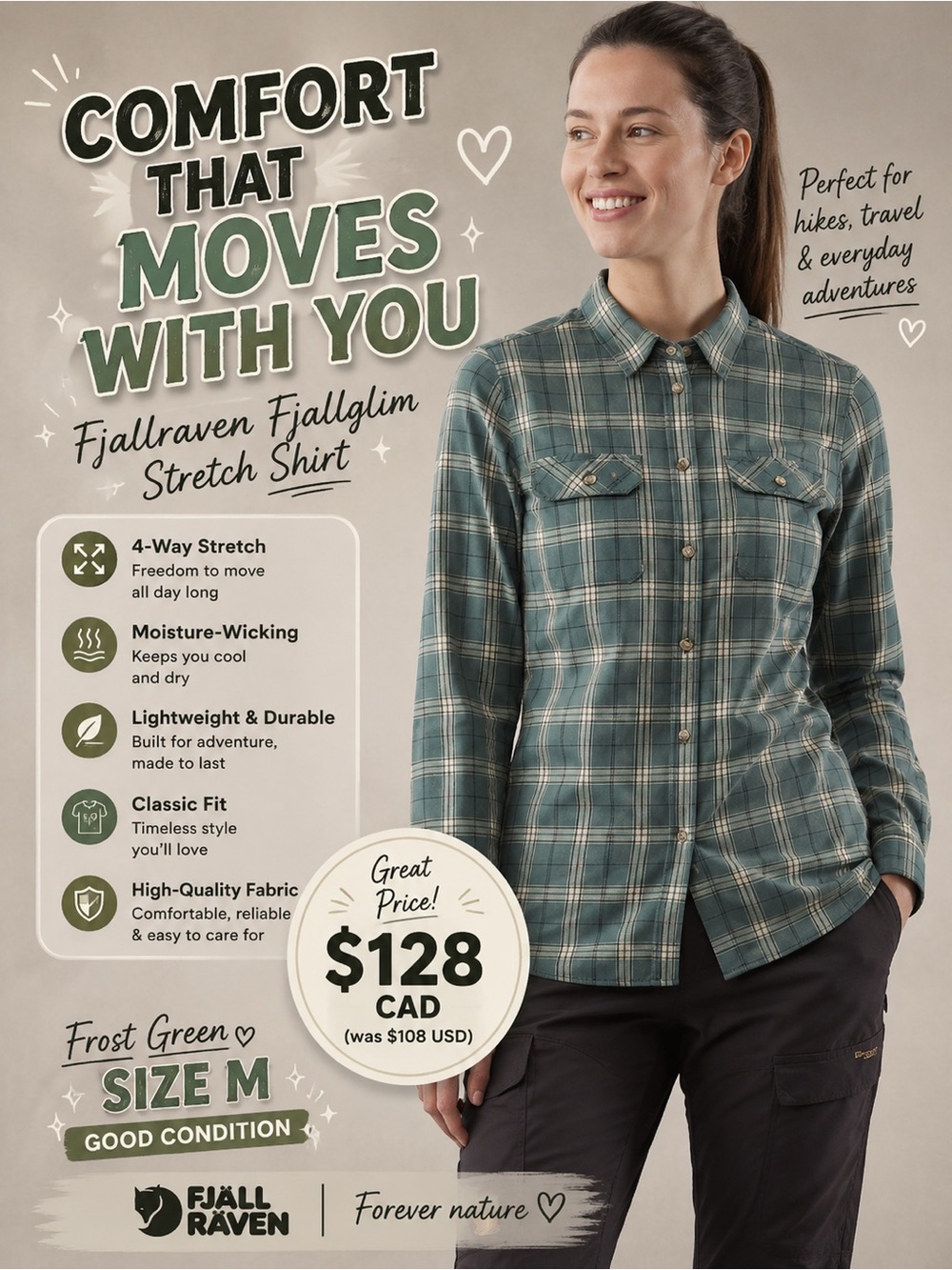 Fjallraven Woman’s Frost Green Stretch Plaid Shirt - Size M